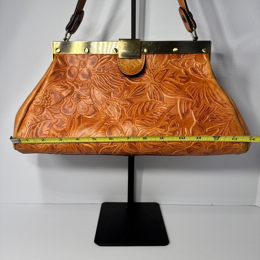 Patricia Nash Ferrara Frame Satchel Bag Tan Floral Embossed Genuine Leather - Picture 5 of 16